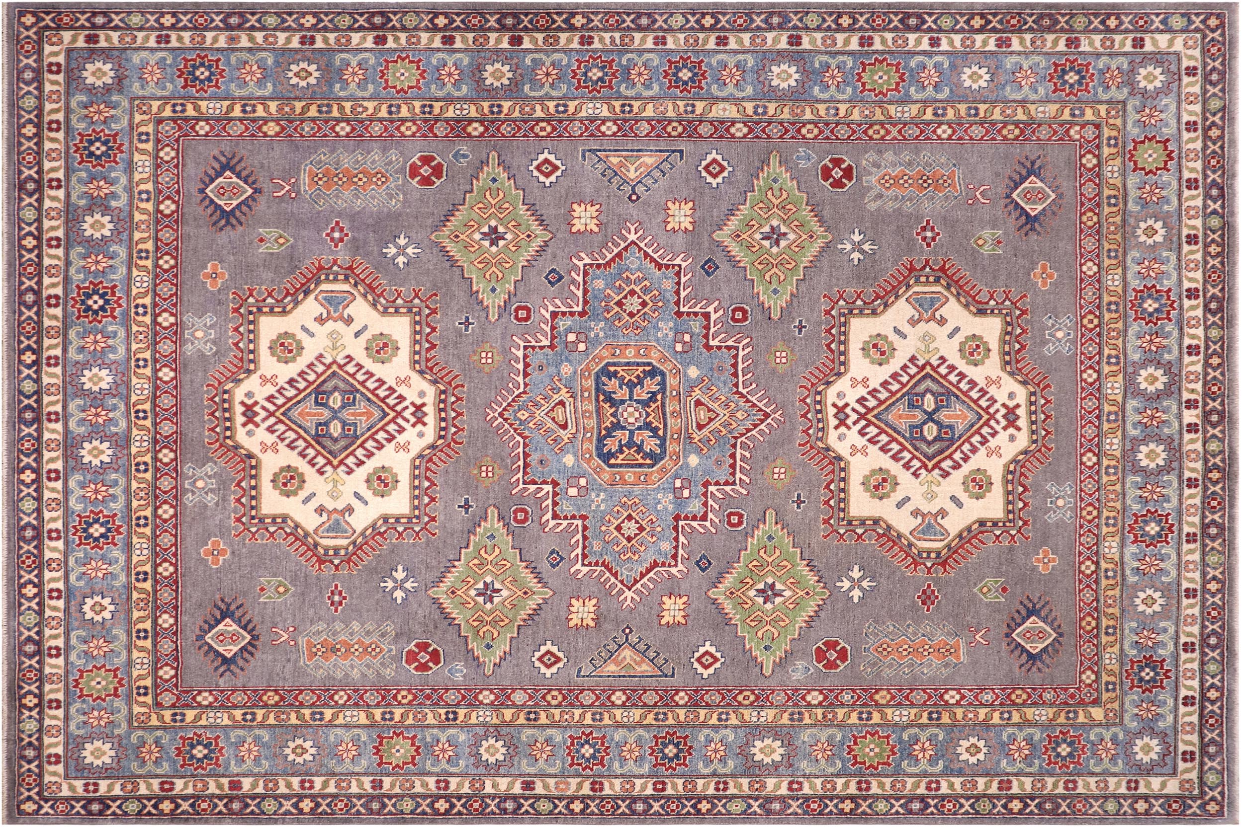 handmade Geometric Kazak Gray Lt. Blue Hand-made RECTANGLE 100% WOOL area rug 8'X10'