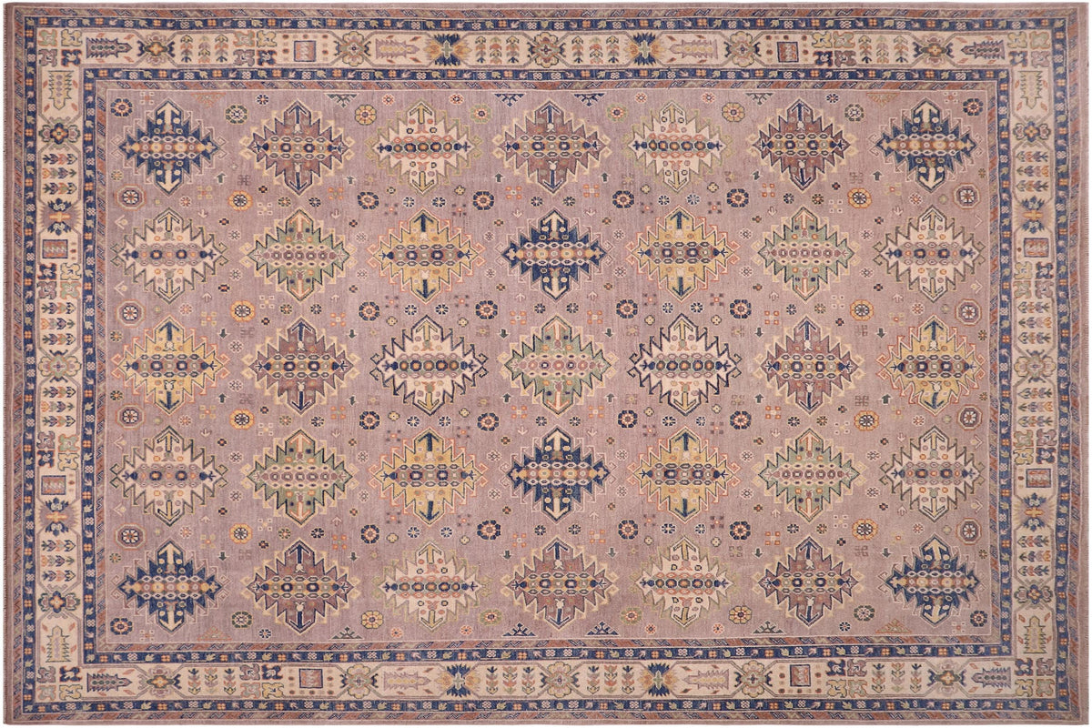 handmade Geometric Kazak Purple Beige Hand-made RECTANGLE 100% WOOL area rug 8'X10'