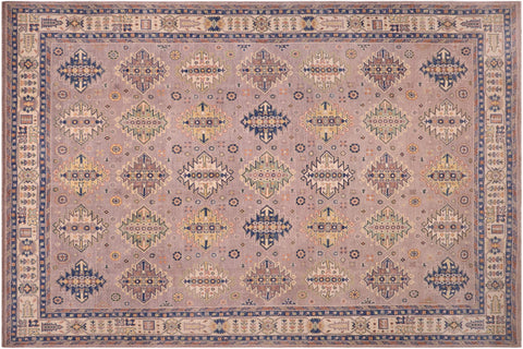 handmade Geometric Kazak Purple Beige Hand-made RECTANGLE 100% WOOL area rug 8'X10'