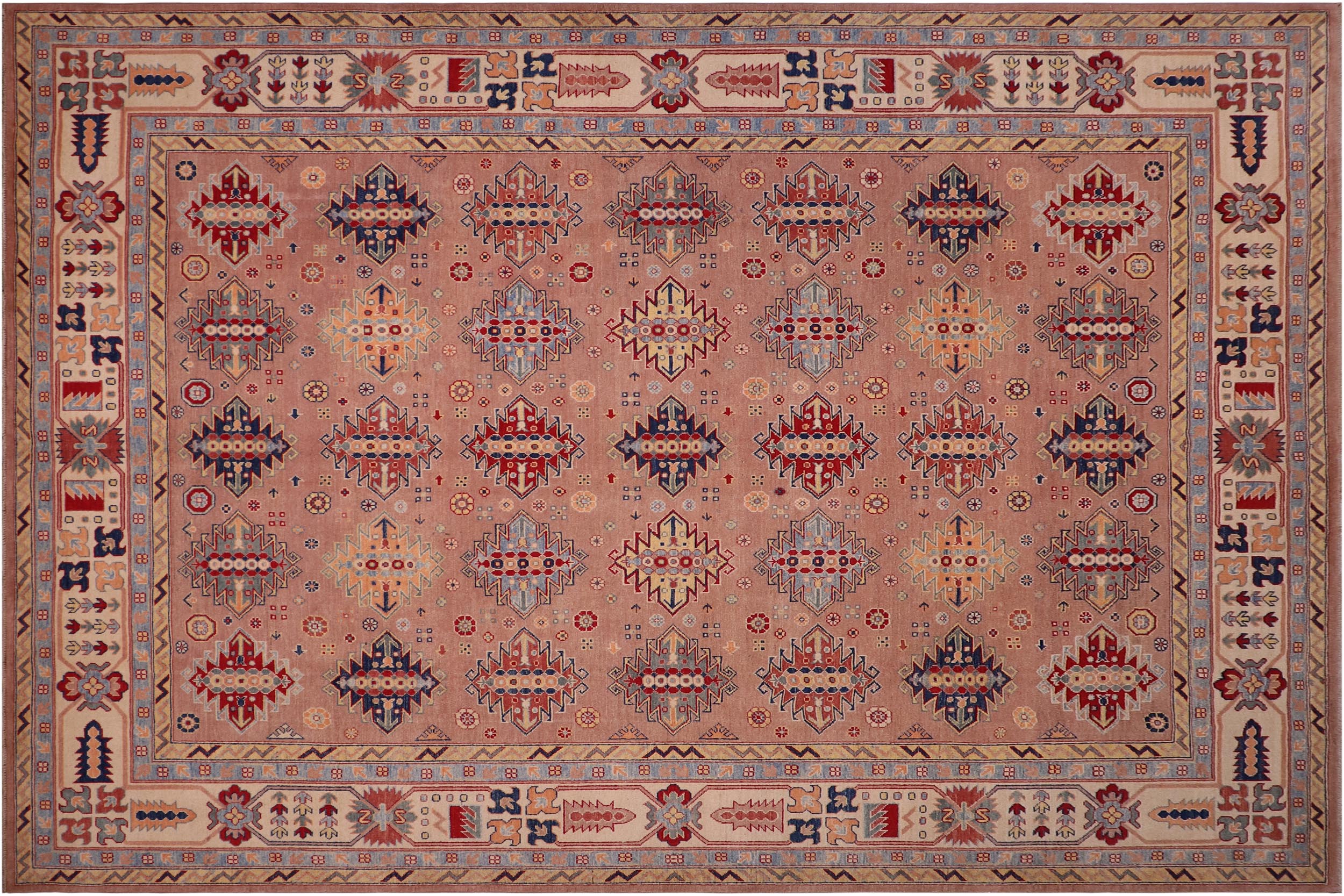 handmade Geometric Kazak Rose Beige Hand-made RECTANGLE 100% WOOL area rug 9'X12'