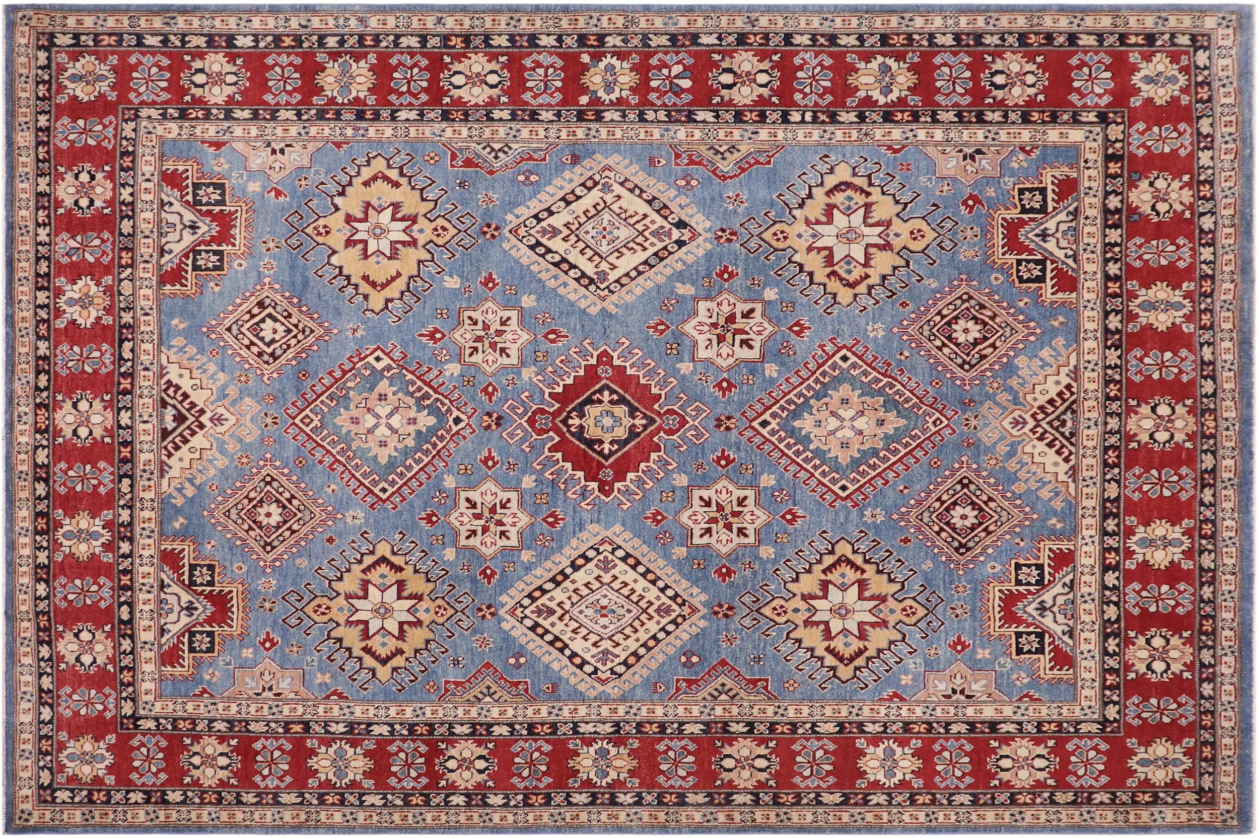 handmade Geometric Kazak Lt. Blue Red Hand-made RECTANGLE 100% WOOL area rug 8'X10'