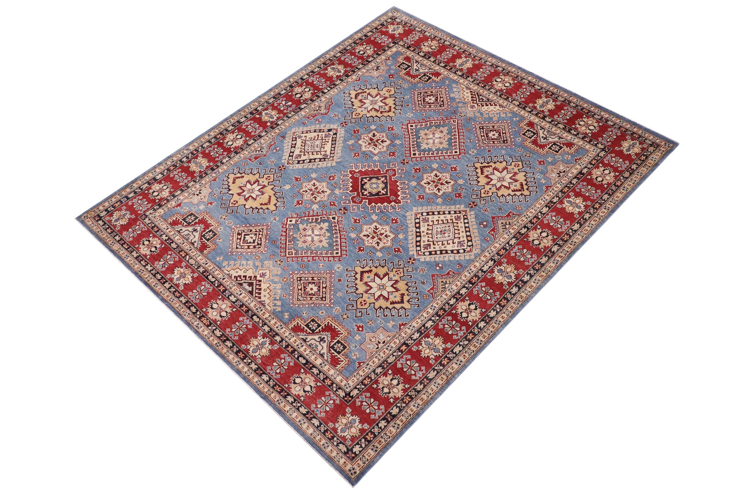 handmade Geometric Kazak Lt. Blue Red Hand-made RECTANGLE 100% WOOL area rug 8'X10'