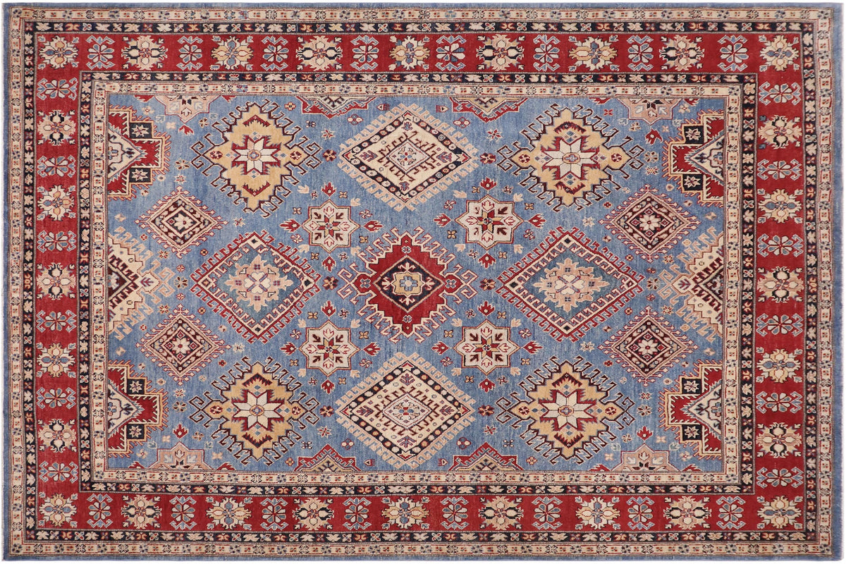 handmade Geometric Kazak Lt. Blue Red Hand-made RECTANGLE 100% WOOL area rug 8'X10'
