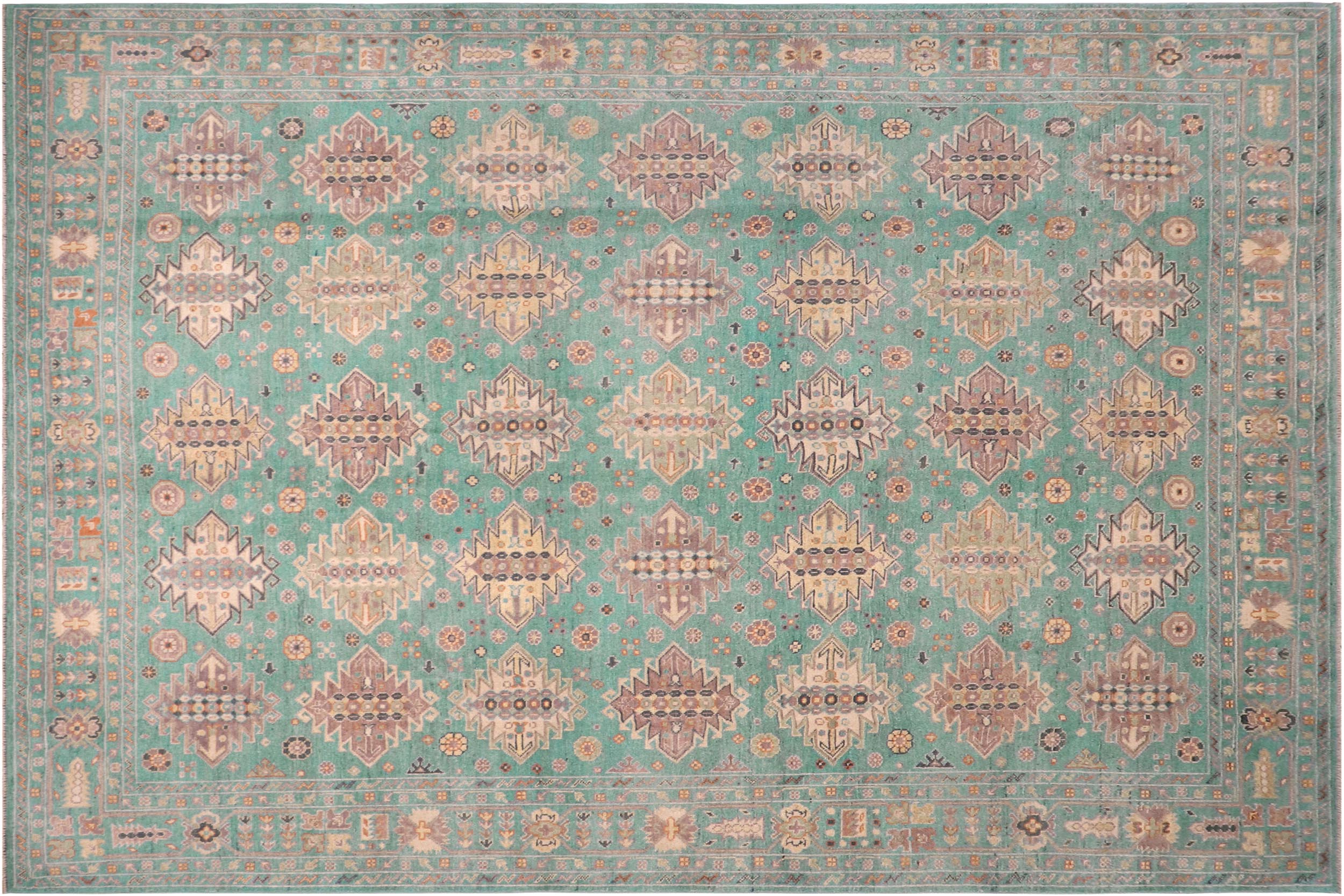 handmade Geometric Kazak Lt. Green Lt. Green Hand-made RECTANGLE 100% WOOL area rug 8'X10'