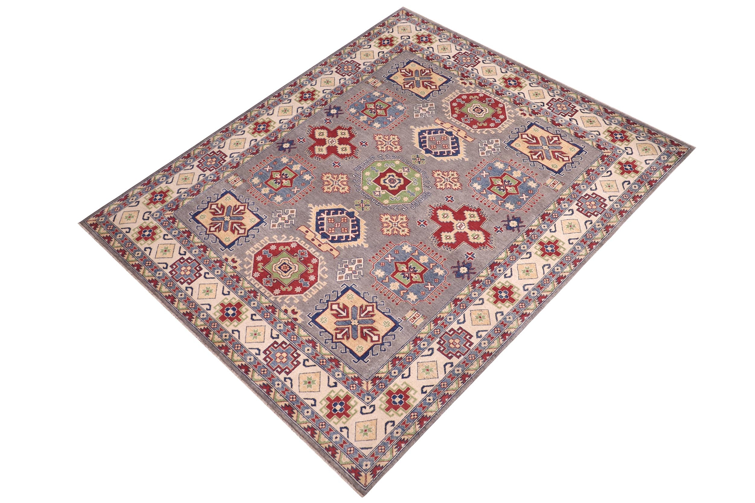 handmade Geometric Kazak Gray Ivory Hand-made RECTANGLE 100% WOOL area rug 8'X10'
