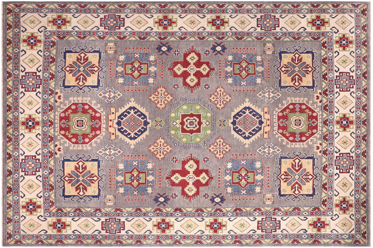 handmade Geometric Kazak Gray Ivory Hand-made RECTANGLE 100% WOOL area rug 8'X10'