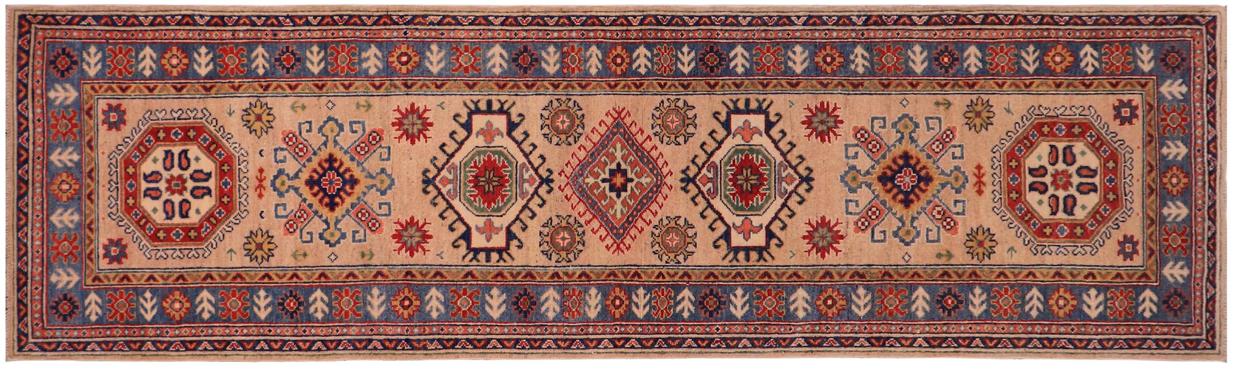 handmade Geometric Kazak Peach light Blue Hand-made RUNNER 100% WOOL area rug 3x10