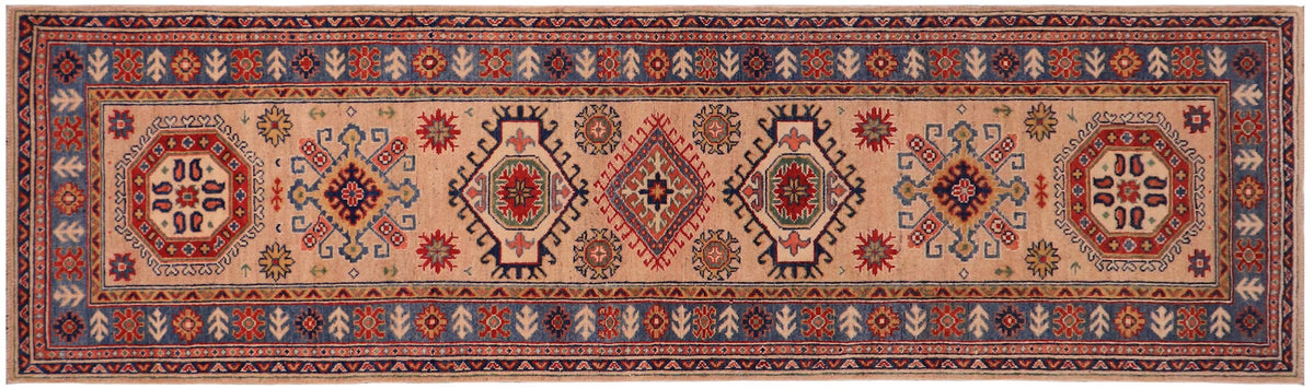 handmade Geometric Kazak Peach light Blue Hand-made RUNNER 100% WOOL area rug 3x10