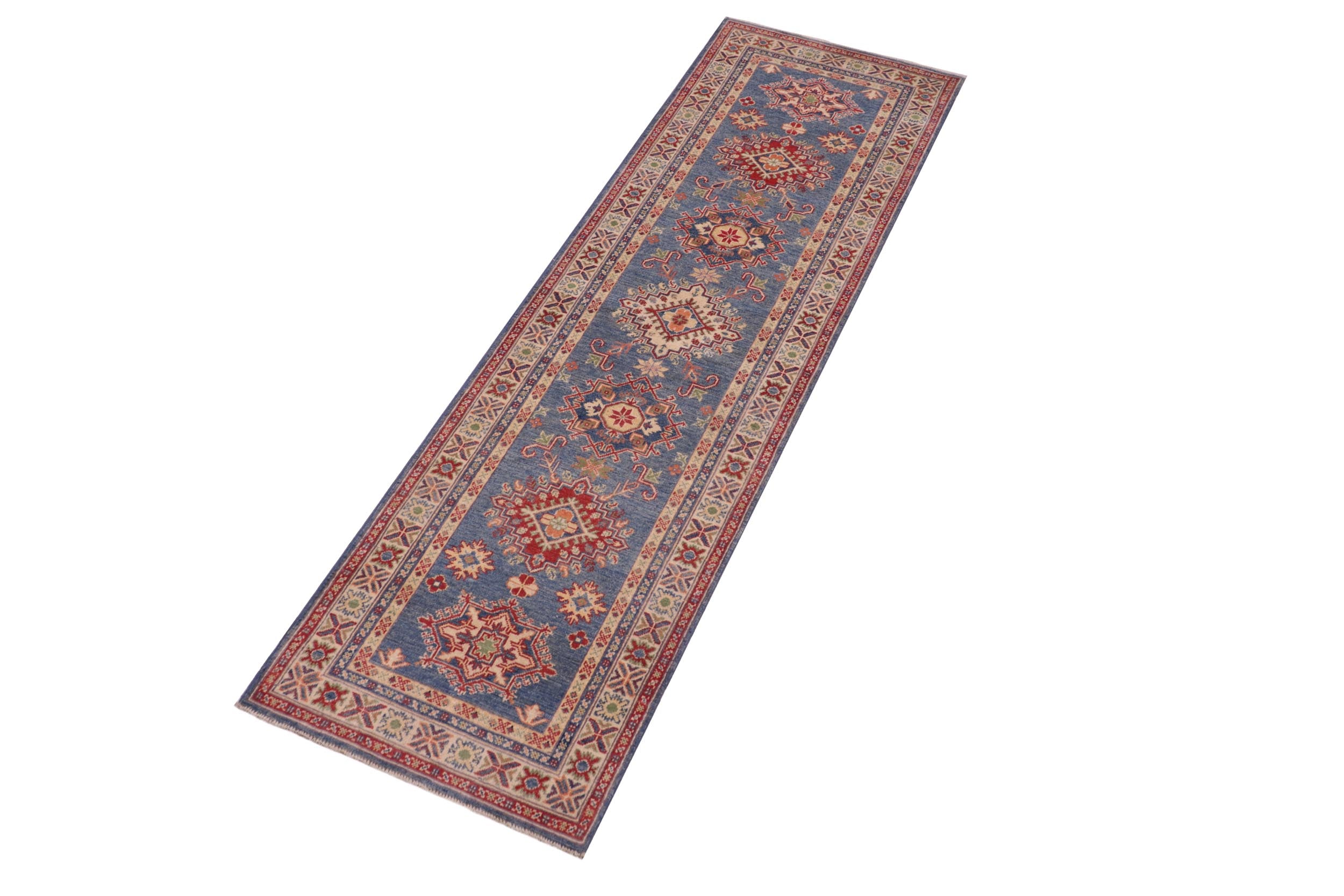 handmade Geometric Kazak light Blue Beige Hand-made RUNNER 100% WOOL area rug 3x10