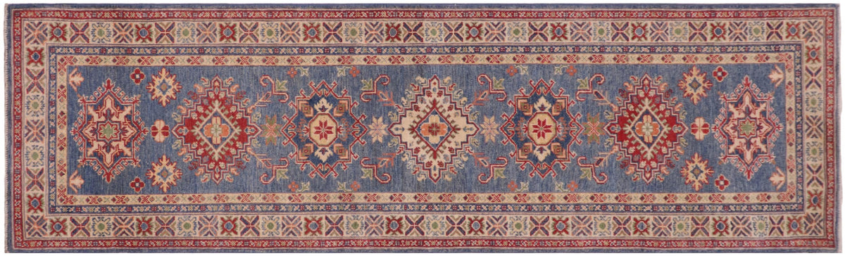 handmade Geometric Kazak light Blue Beige Hand-made RUNNER 100% WOOL area rug 3x10