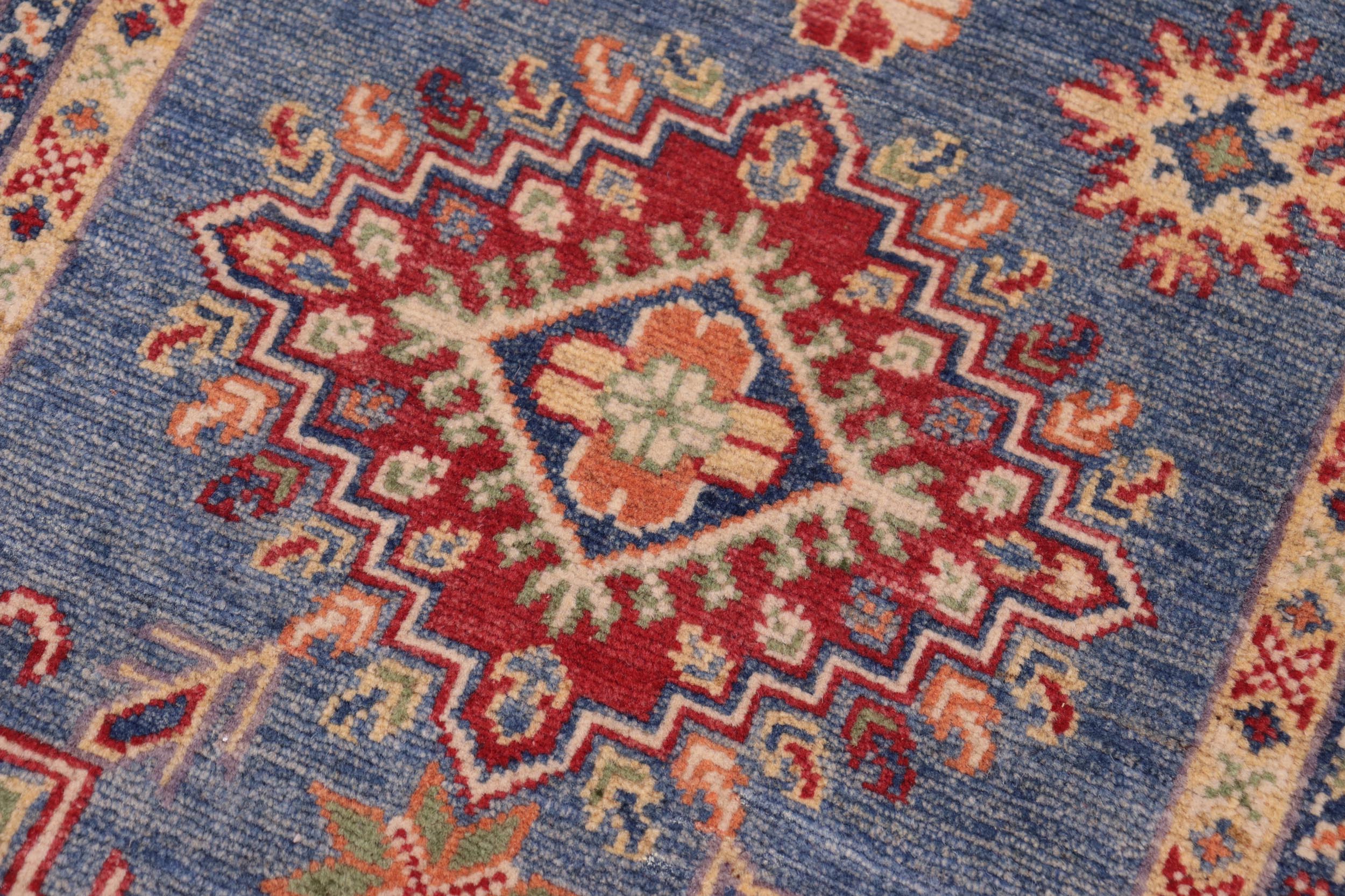 handmade Geometric Kazak light Blue Beige Hand-made RUNNER 100% WOOL area rug 3x10