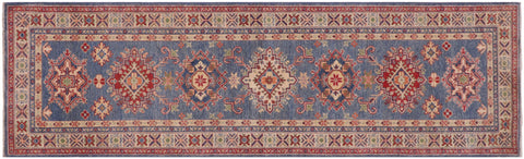 handmade Geometric Kazak light Blue Beige Hand-made RUNNER 100% WOOL area rug 3x10