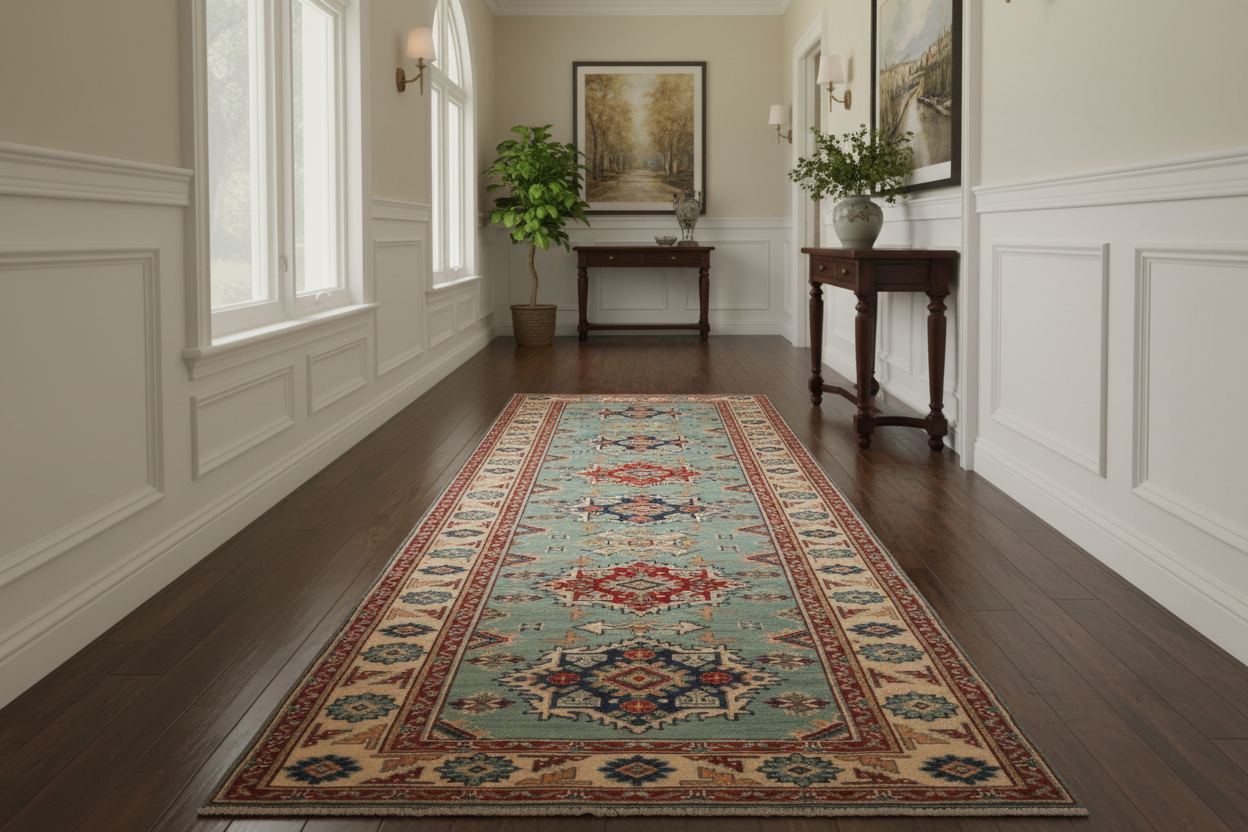handmade Geometric Kazak light Green Beige Hand-made RUNNER 100% WOOL area rug 3x10