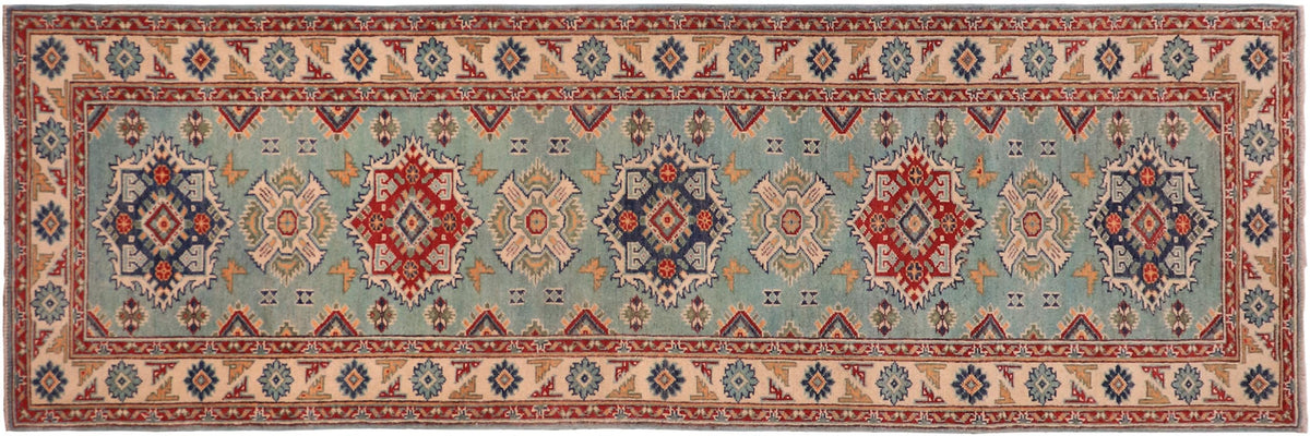 handmade Geometric Kazak light Green Beige Hand-made RUNNER 100% WOOL area rug 3x10