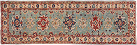 handmade Geometric Kazak light Green Beige Hand-made RUNNER 100% WOOL area rug 3x10