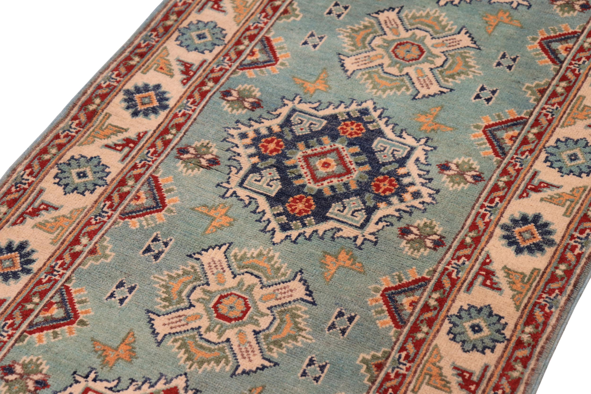 handmade Geometric Kazak light Green Beige Hand-made RUNNER 100% WOOL area rug 3x10