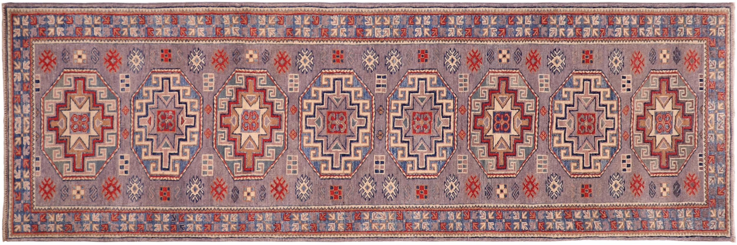 handmade Geometric Kazak Gray light Blue Hand-made RUNNER 100% WOOL area rug 3x10