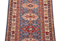 handmade Geometric Kazak light Blue Beige Hand-made RUNNER 100% WOOL area rug 3x10