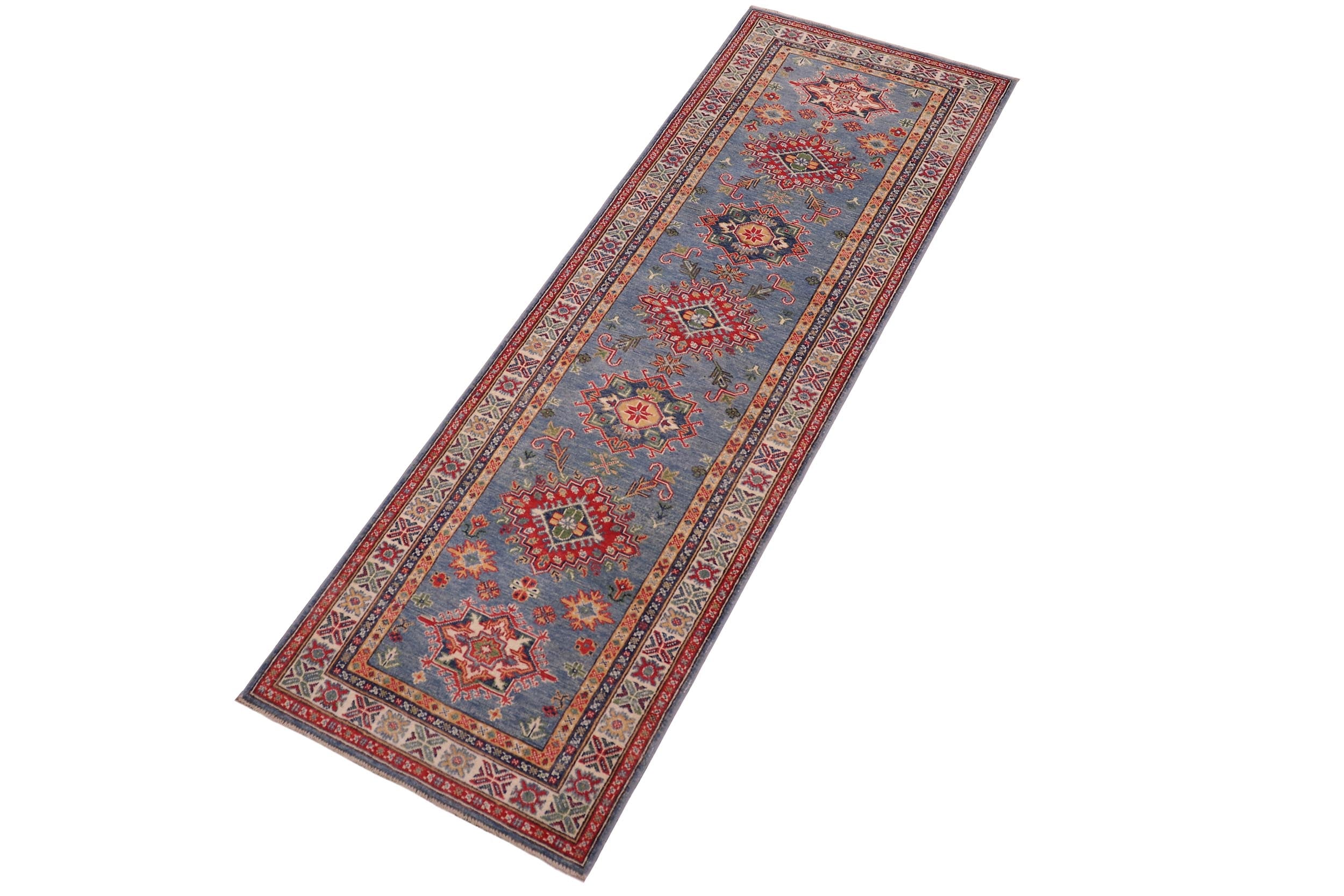 handmade Geometric Kazak light Blue Beige Hand-made RUNNER 100% WOOL area rug 3x10