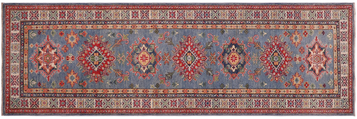 handmade Geometric Kazak light Blue Beige Hand-made RUNNER 100% WOOL area rug 3x10