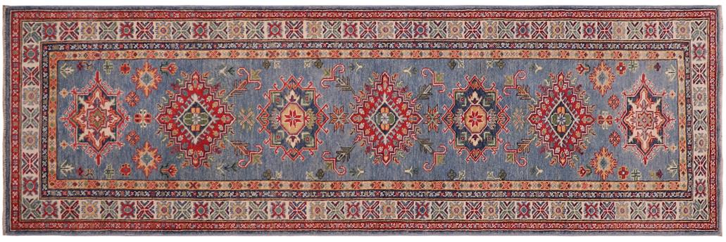 handmade Geometric Kazak light Blue Beige Hand-made RUNNER 100% WOOL area rug 3x10