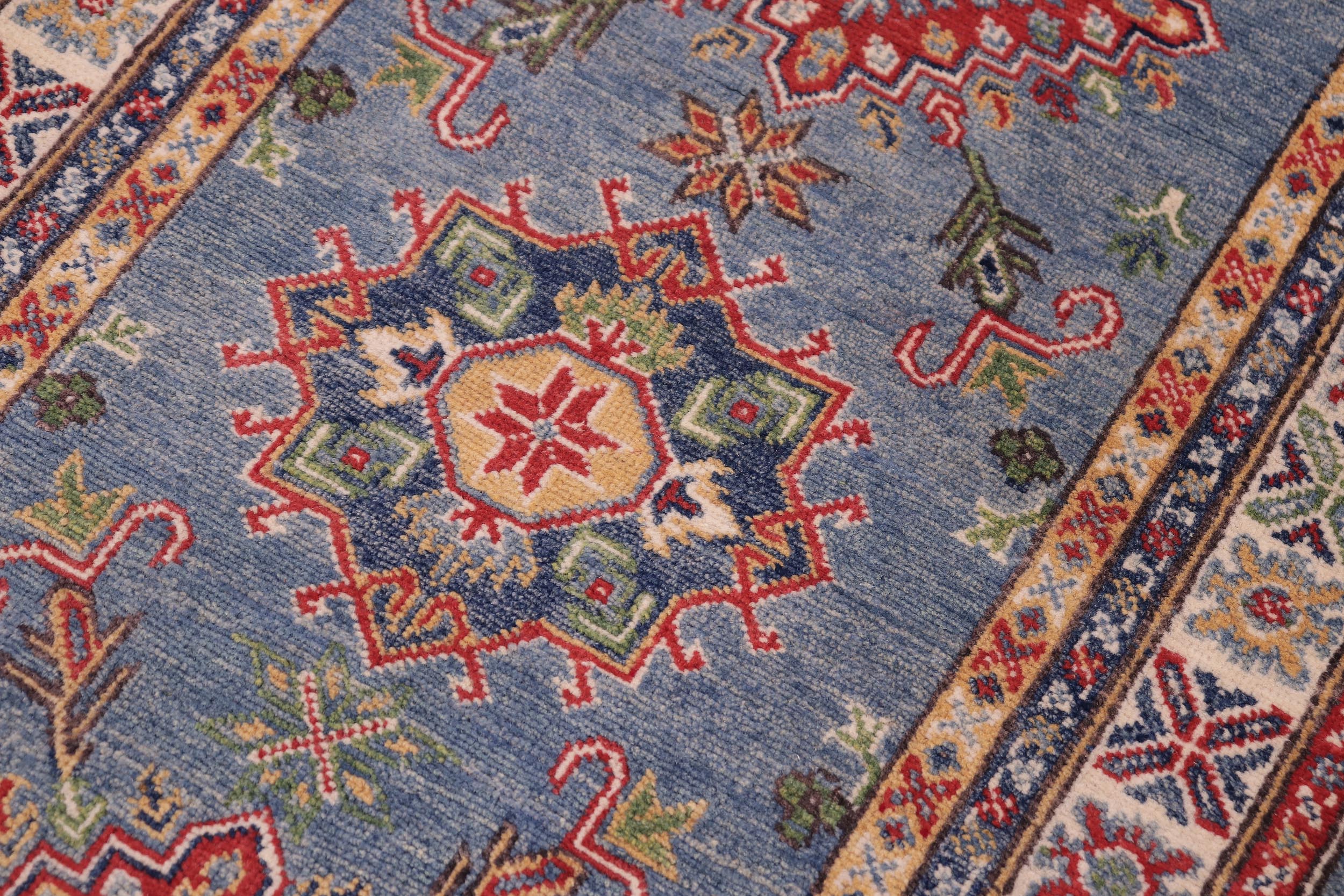 handmade Geometric Kazak light Blue Beige Hand-made RUNNER 100% WOOL area rug 3x10