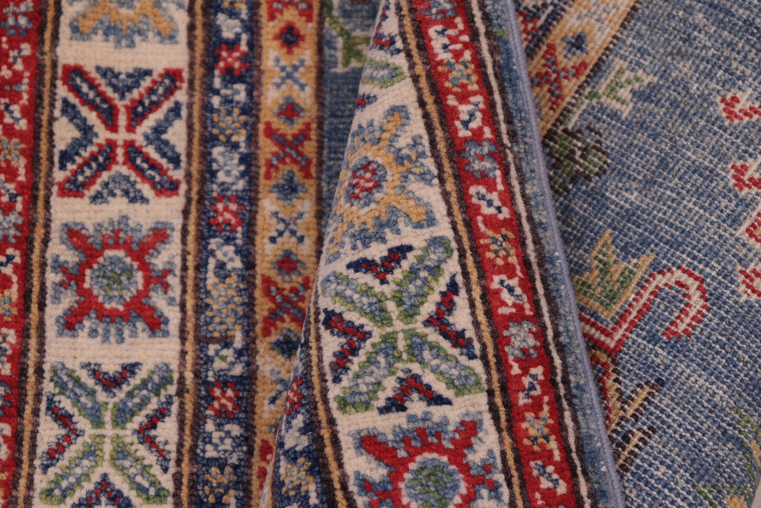 handmade Geometric kazak light Blue Ivory Hand-made RUNNER 100% WOOL area rug 2x6