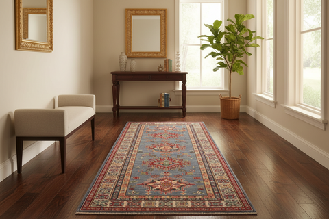 handmade Geometric Kazak light Blue Beige Hand-made RUNNER 100% WOOL area rug 3x10