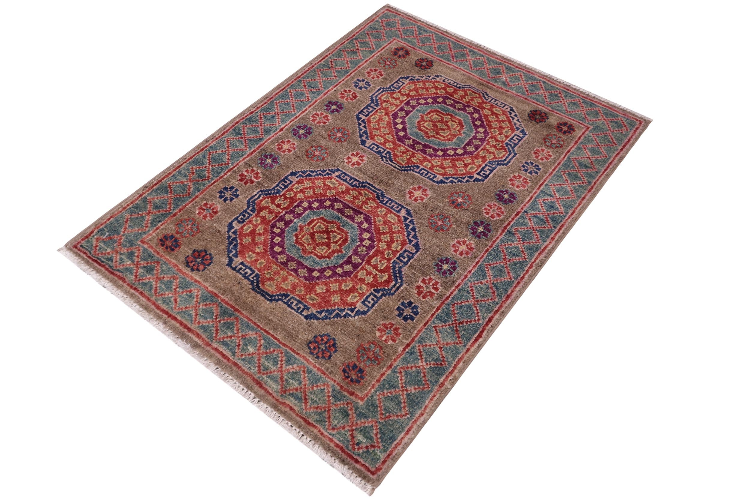 handmade Geometric Mamluk Lt. Brown Green Hand Knotted RECTANGLE 100% WOOL area rug 2 x 3