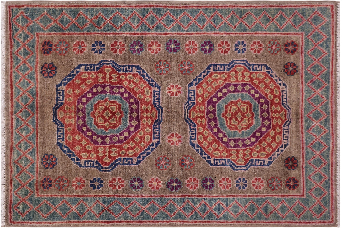 handmade Geometric Mamluk Lt. Brown Green Hand Knotted RECTANGLE 100% WOOL area rug 2 x 3