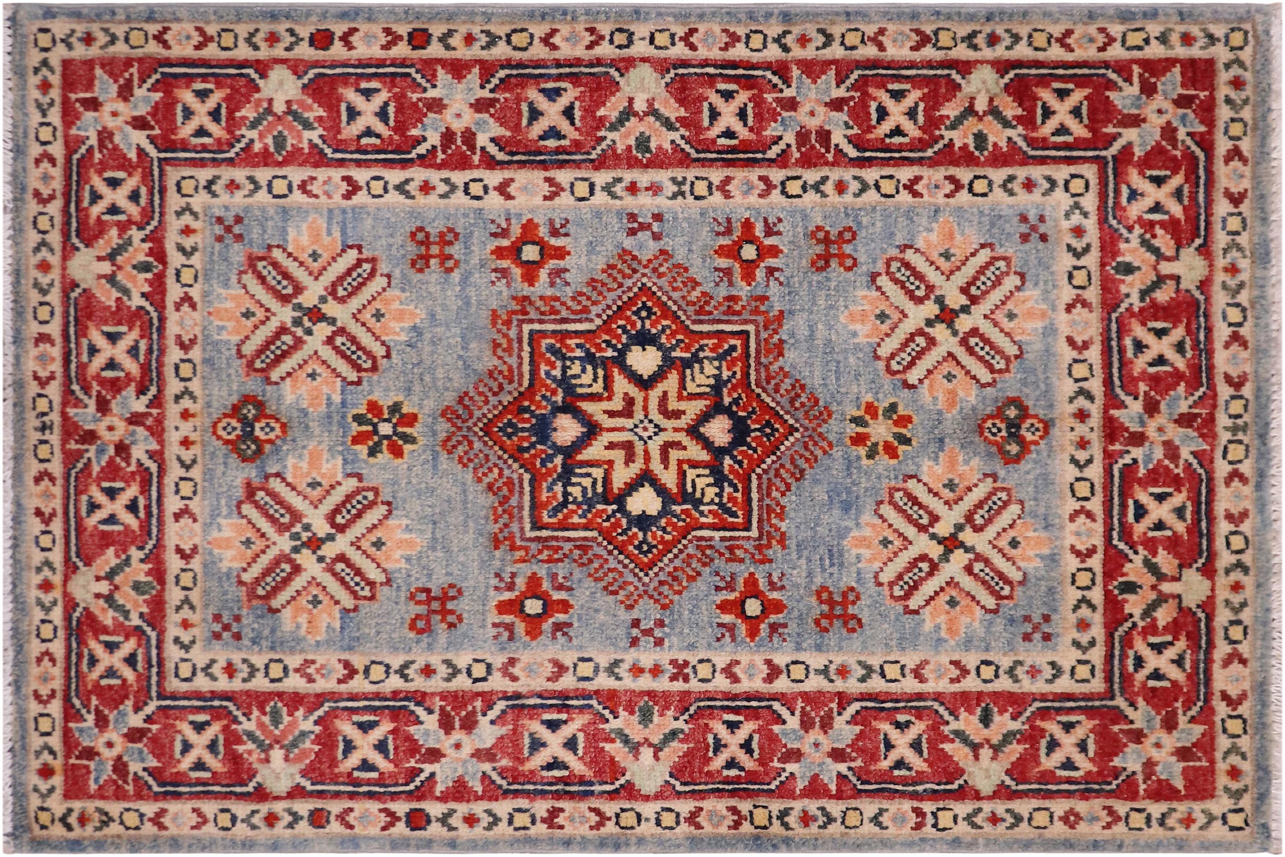 handmade Geometric Kazak Lt. Blue Red Hand-made RECTANGLE 100% WOOL area rug 2'X3'