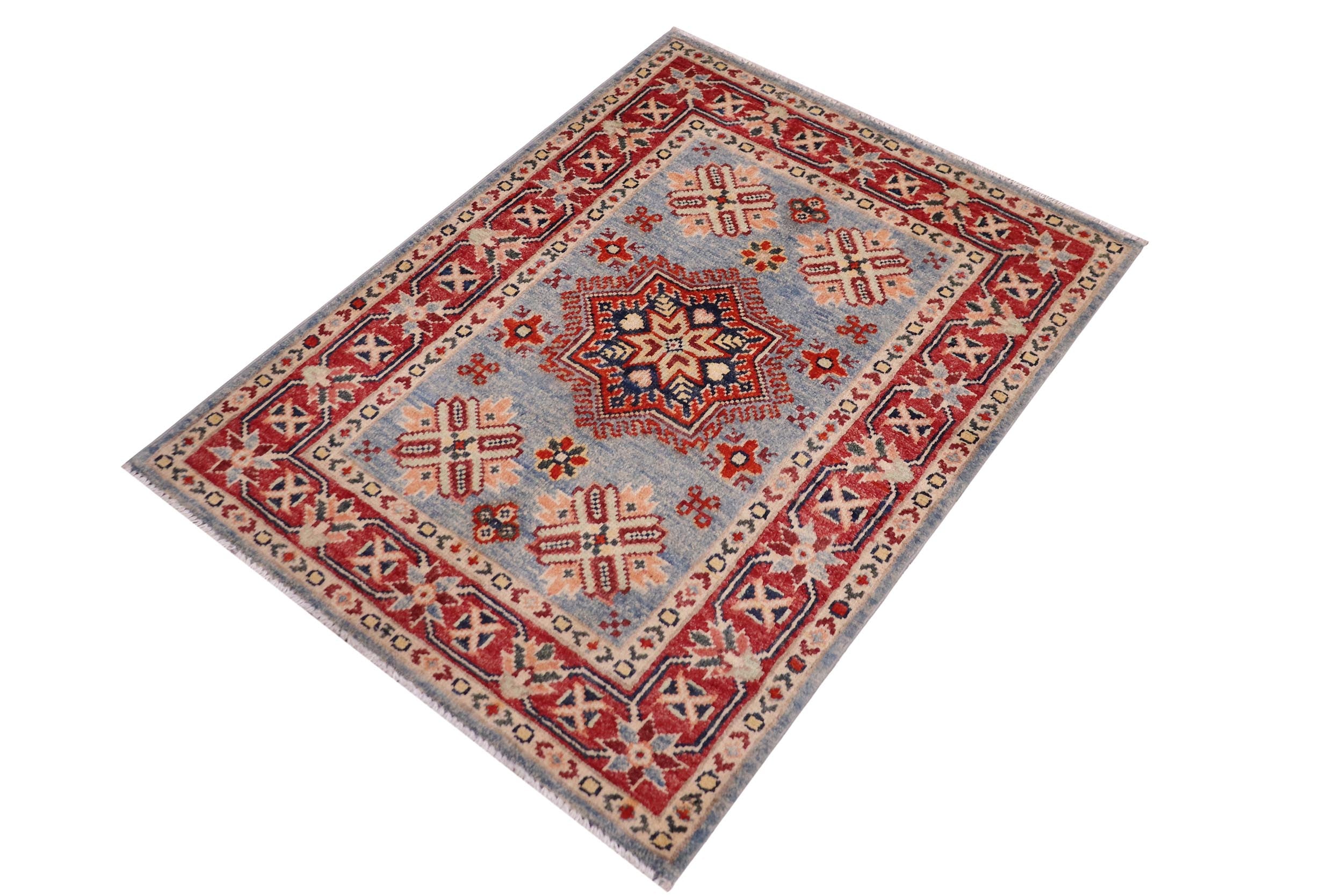 handmade Geometric Kazak Lt. Blue Red Hand-made RECTANGLE 100% WOOL area rug 2'X3'