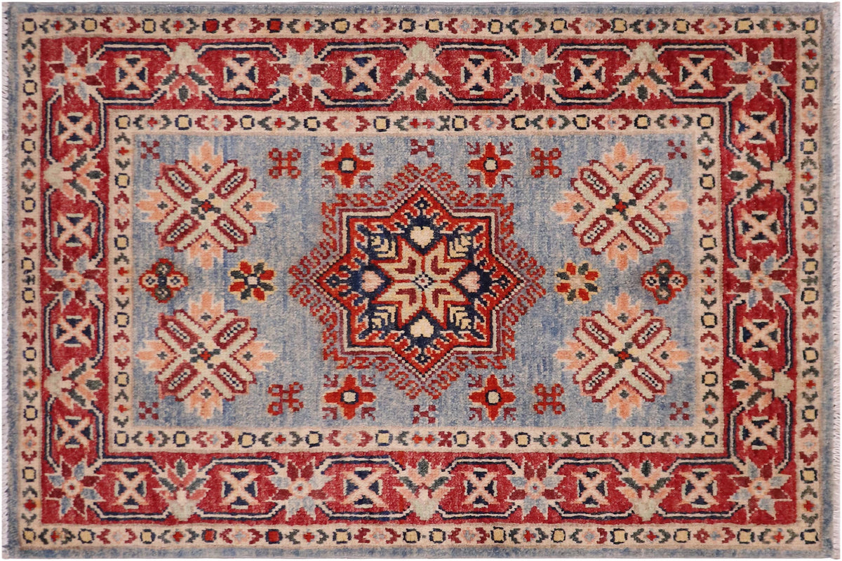 handmade Geometric Kazak Lt. Blue Red Hand-made RECTANGLE 100% WOOL area rug 2'X3'