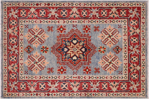 handmade Geometric Kazak Lt. Blue Red Hand-made RECTANGLE 100% WOOL area rug 2'X3'