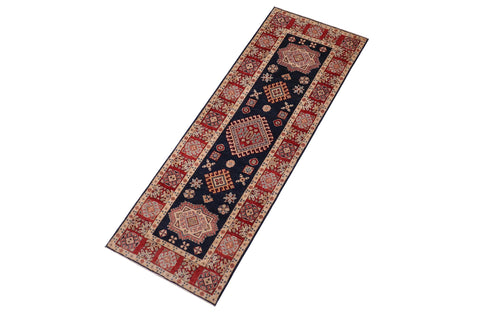 handmade Geometric kazak Blue Red Hand-made RUNNER 100% WOOL area rug 2x10
