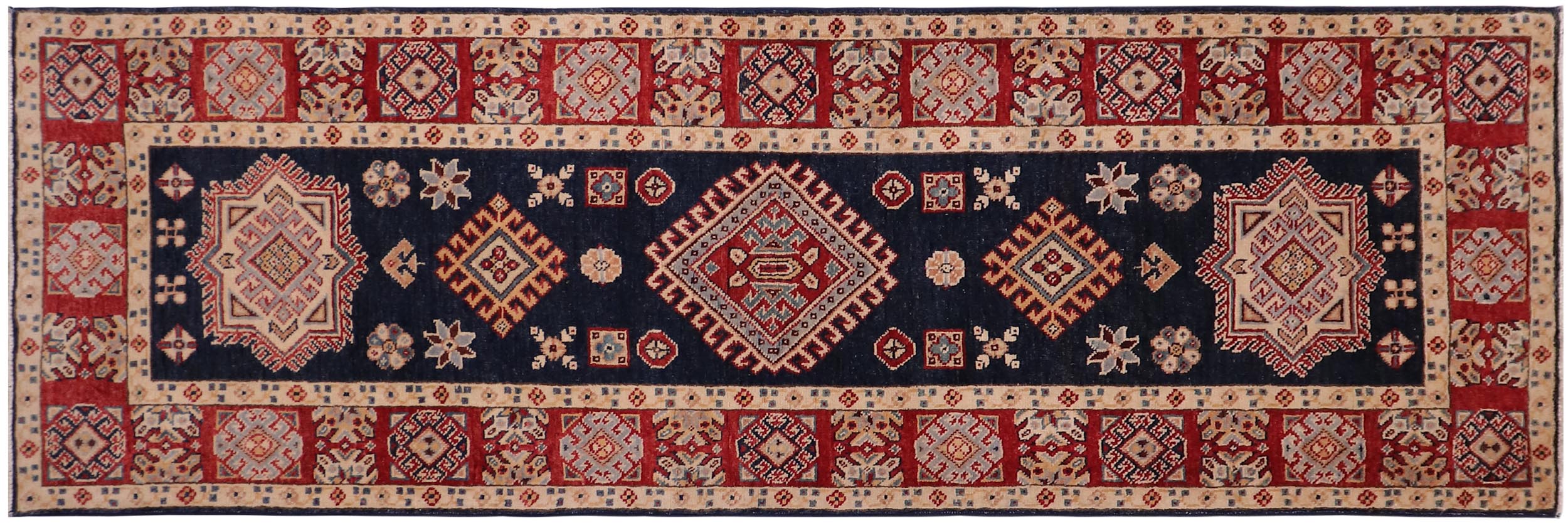 handmade Geometric kazak Blue Red Hand-made RUNNER 100% WOOL area rug 2x10