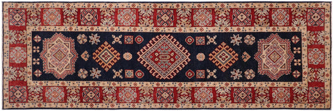 handmade Geometric kazak Blue Red Hand-made RUNNER 100% WOOL area rug 2x10