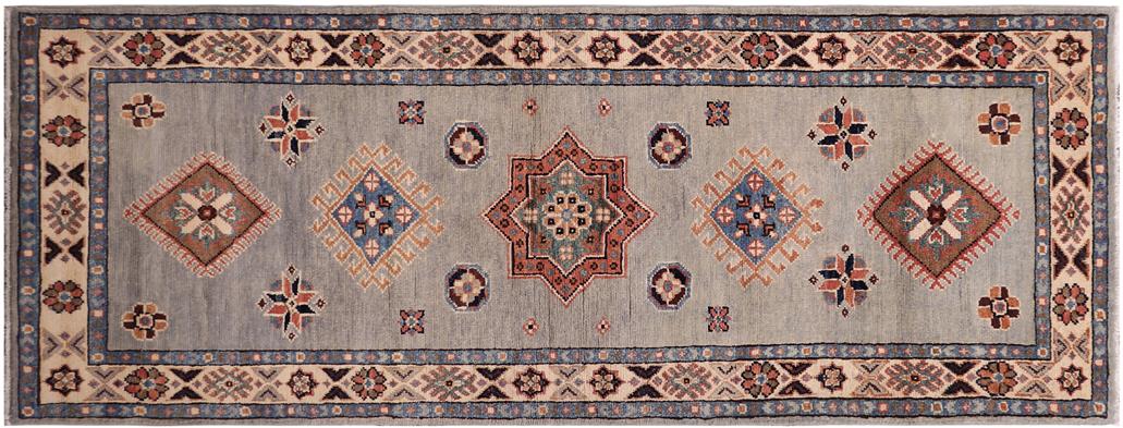 handmade Geometric kazak light Blue Ivory Hand-made RUNNER 100% WOOL area rug 2x6