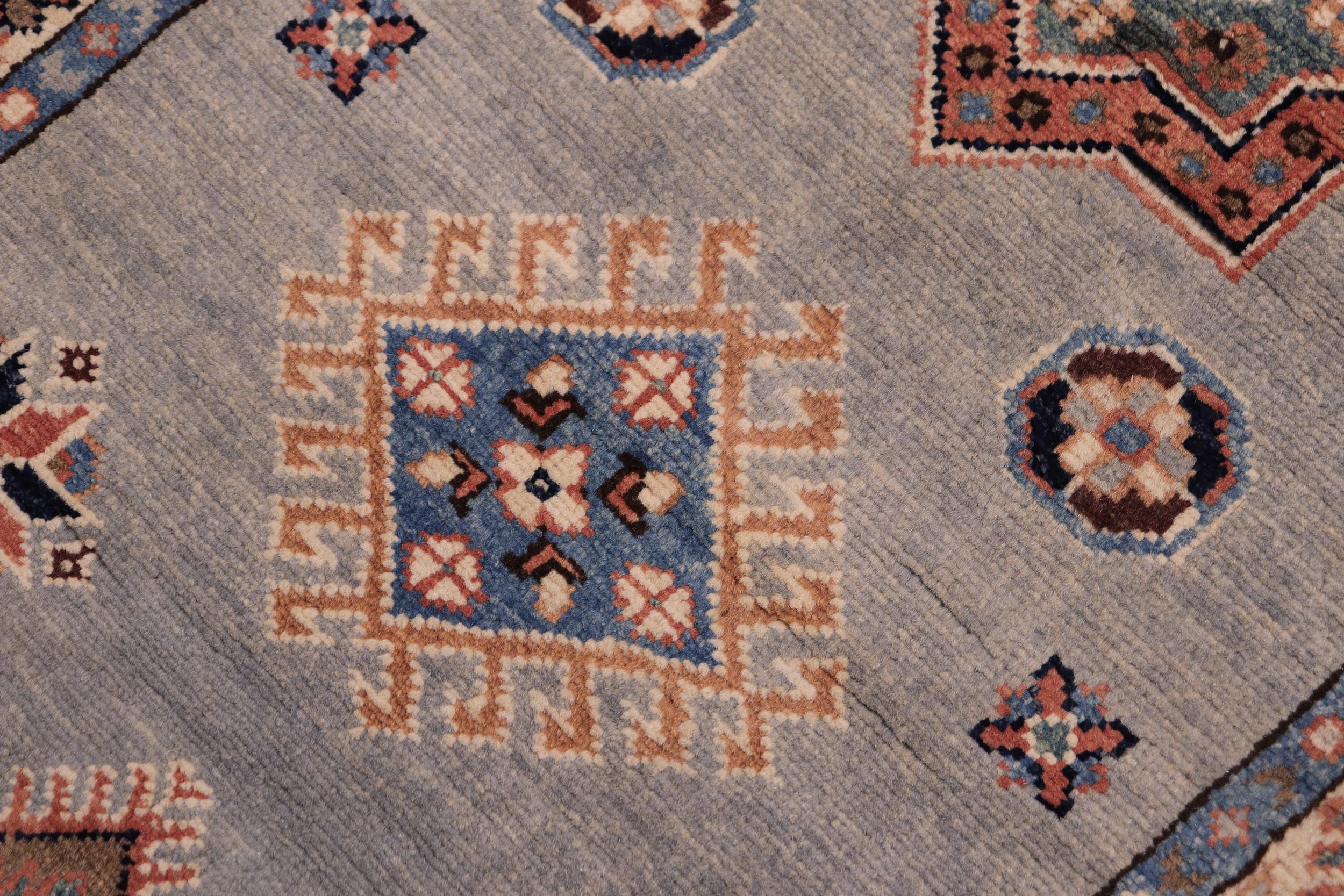 handmade Geometric kazak light Blue Ivory Hand-made RUNNER 100% WOOL area rug 2x6