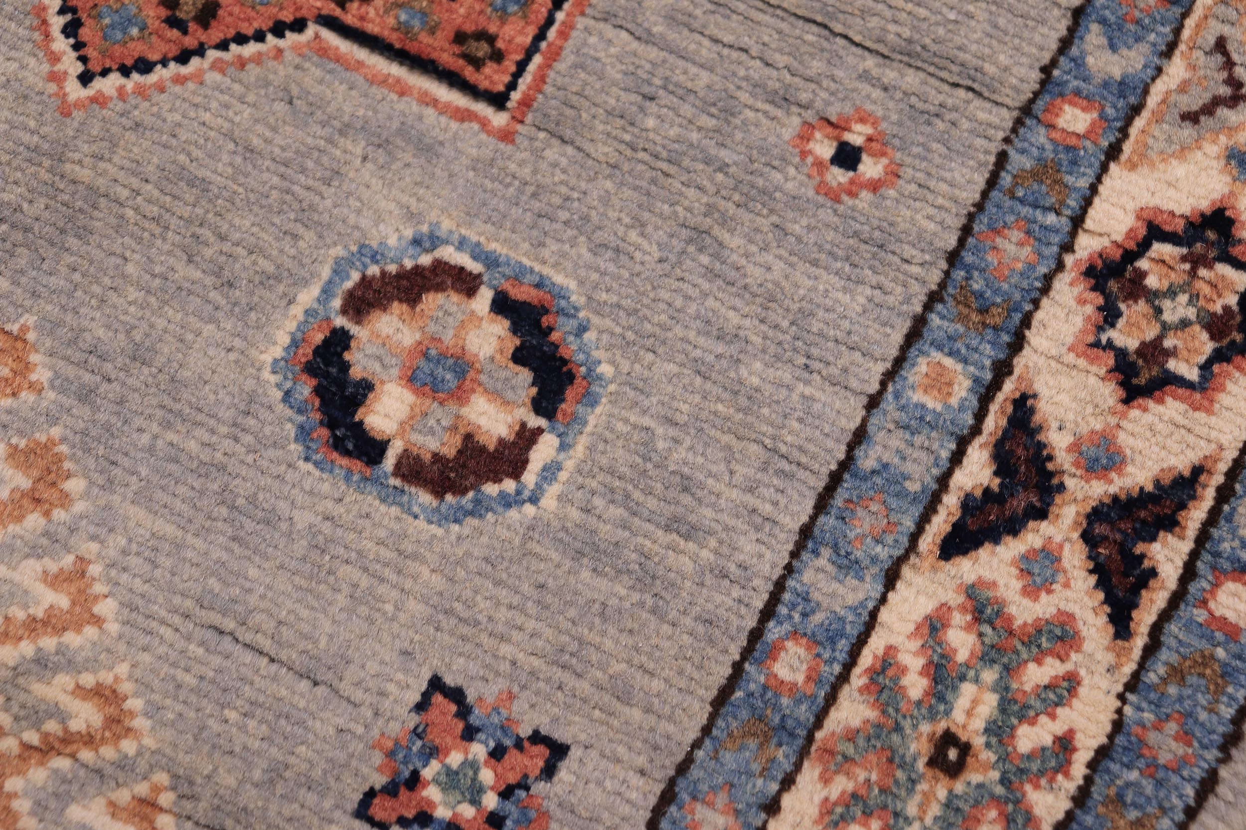 handmade Geometric kazak light Blue Ivory Hand-made RUNNER 100% WOOL area rug 2x6