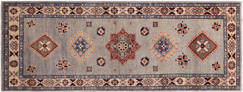 handmade Geometric kazak light Blue Ivory Hand-made RUNNER 100% WOOL area rug 2x6