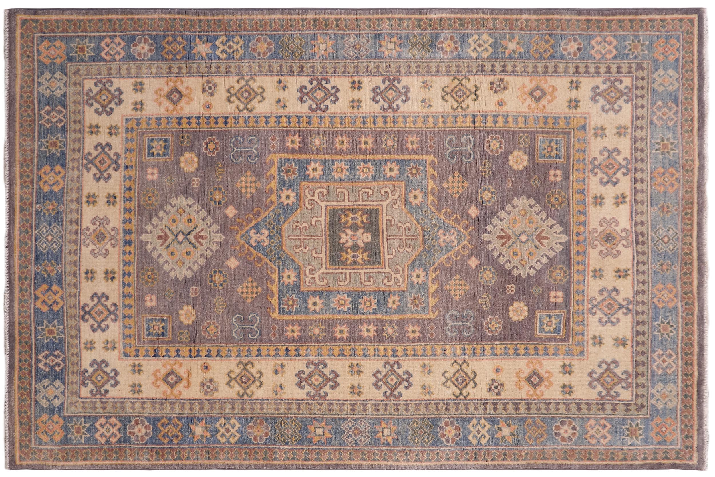 handmade Geometric Kazak Lt. Gray Lt. Blue Hand-made RECTANGLE 100% WOOL area rug 4'X6'