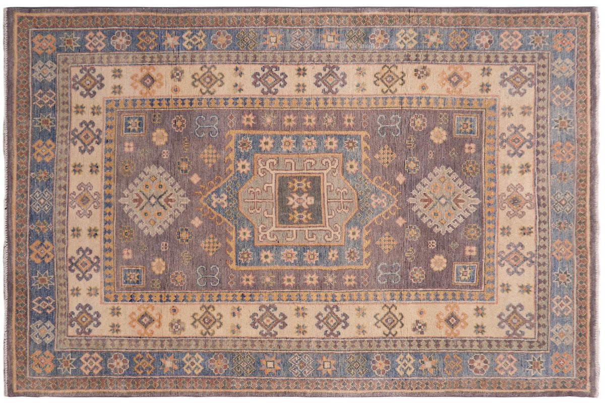 handmade Geometric Kazak Lt. Gray Lt. Blue Hand-made RECTANGLE 100% WOOL area rug 4'X6'