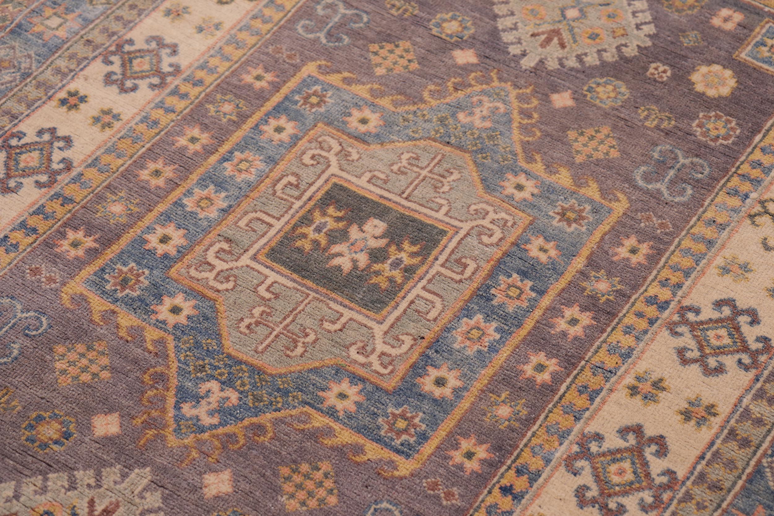 handmade Geometric Kazak Lt. Gray Lt. Blue Hand-made RECTANGLE 100% WOOL area rug 4'X6'