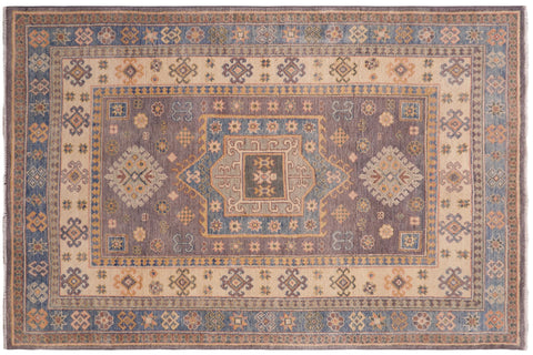 handmade Geometric Kazak Lt. Gray Lt. Blue Hand-made RECTANGLE 100% WOOL area rug 4'X6'