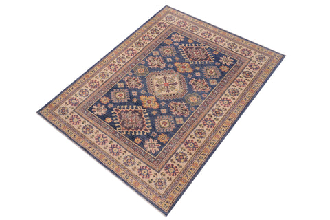 handmade Geometric Kazak Blue Beige Hand-made RECTANGLE 100% WOOL area rug 4'X6'