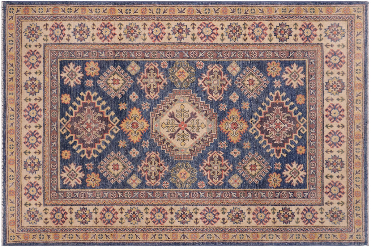 handmade Geometric Kazak Blue Beige Hand-made RECTANGLE 100% WOOL area rug 4'X6'