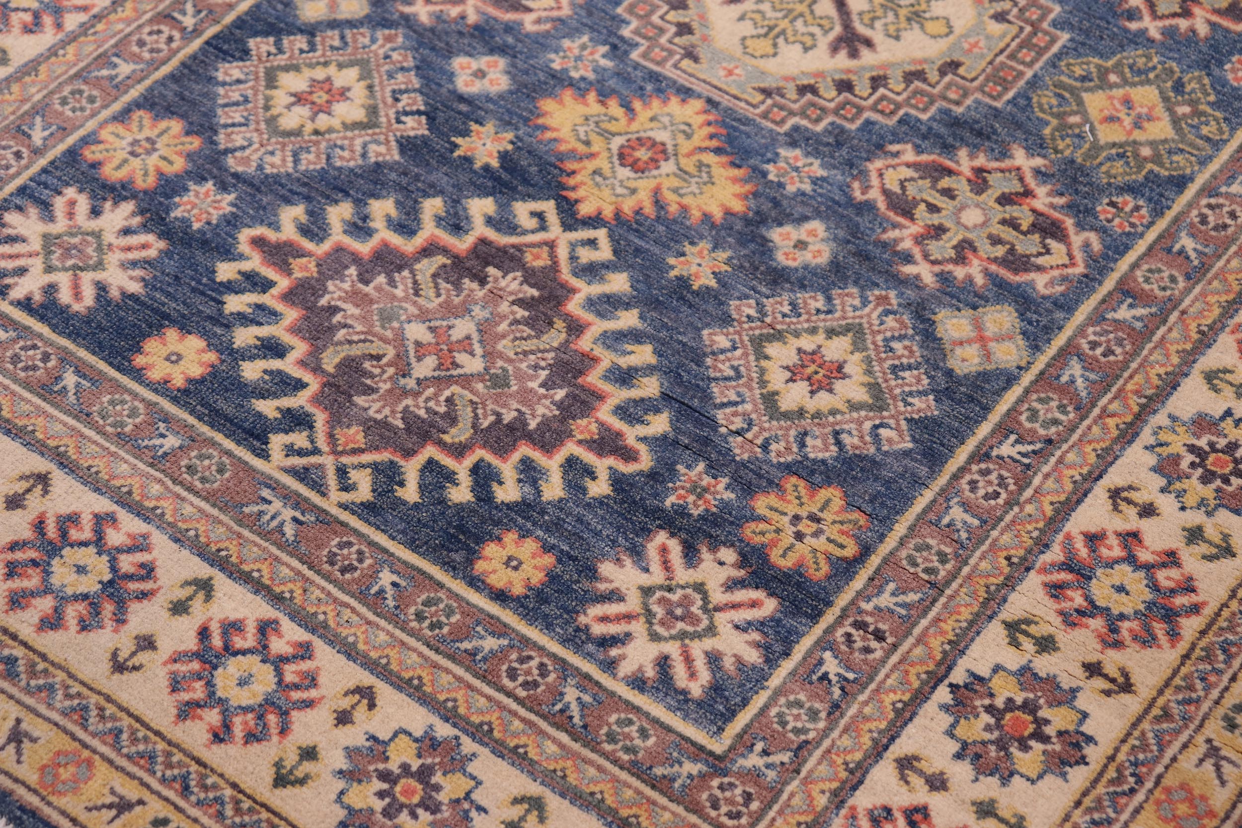 handmade Geometric Kazak Blue Beige Hand-made RECTANGLE 100% WOOL area rug 4'X6'