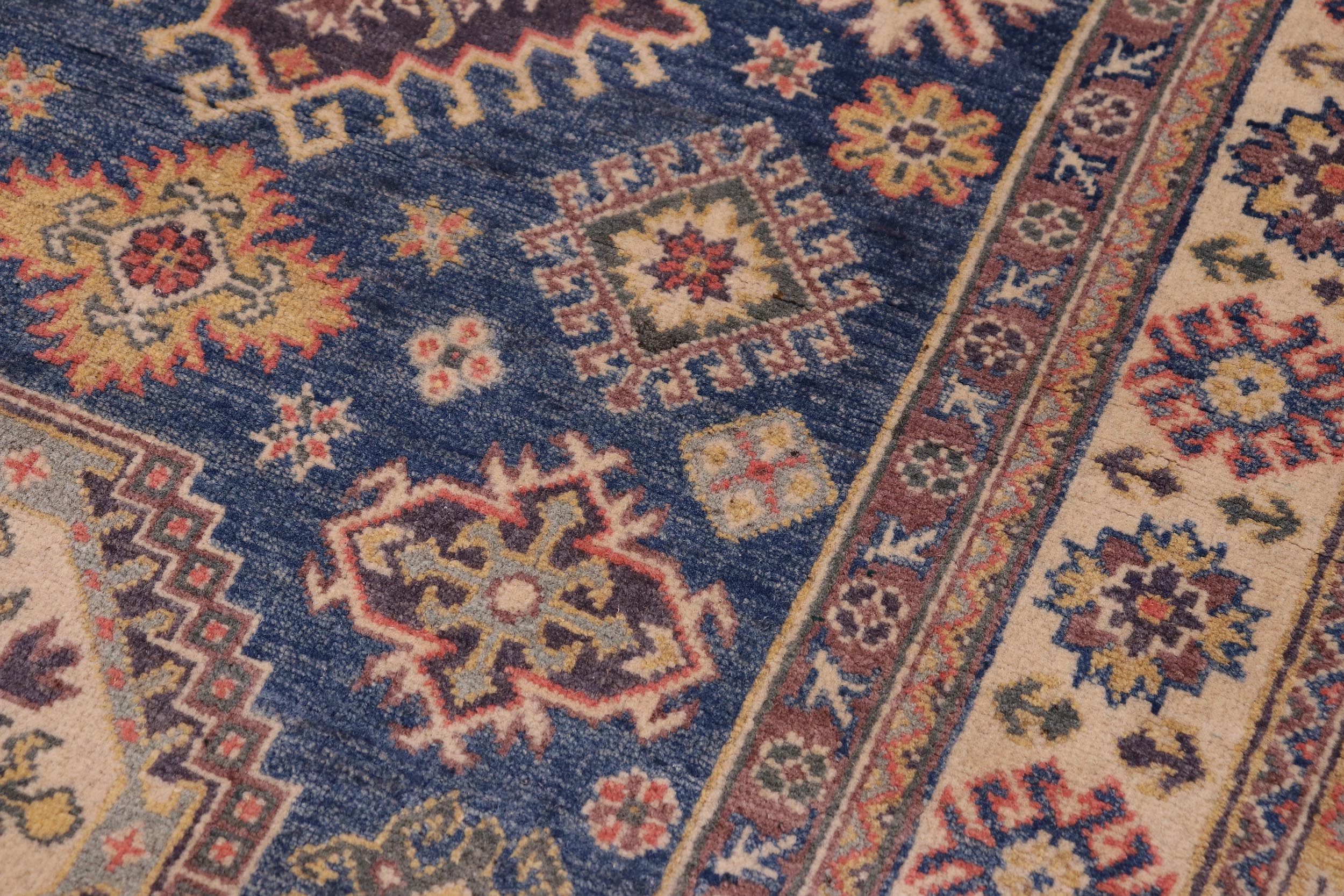 handmade Geometric Kazak Blue Beige Hand-made RECTANGLE 100% WOOL area rug 4'X6'