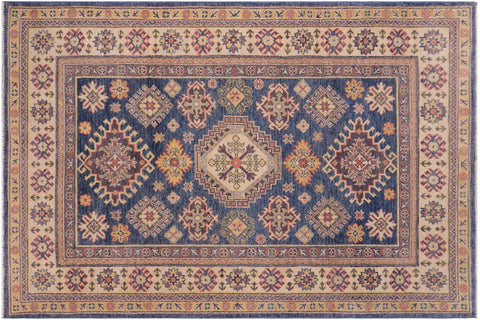 handmade Geometric Kazak Blue Beige Hand-made RECTANGLE 100% WOOL area rug 4'X6'